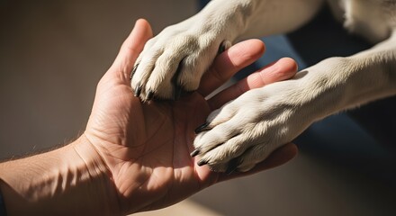 Gentle connection between human hand and dog paws, symbolizing trust and companionship