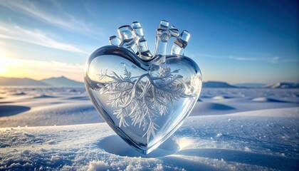 Frozen Glass Heart with Ice Crystals in Snowy Landscape