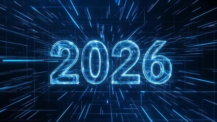 Futuristic holographic numbers 2026 forming in mid-air with glowing blue energy lines, tech New Year theme. - Powered by Adobe