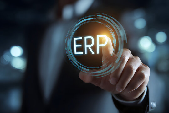 Business, Technology, Internet and network concept. Young businessman working on a virtual screen of the future and sees the inscription: ERP