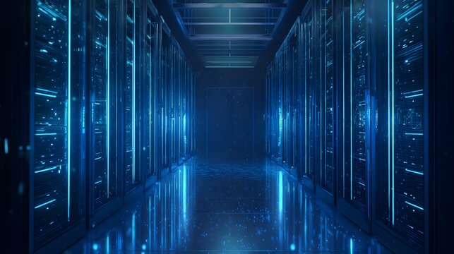 Secure network technology illuminates a futuristic server room protecting digital data and private connections