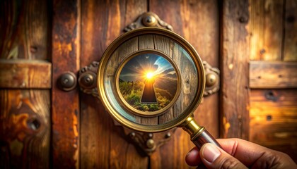 Magnifying Glass on Keyhole Revealing Sunny Landscape and Hope