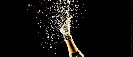 Champagne splashes dramatically against a dark backdrop, sparkling in a burst of bubbles and light.	