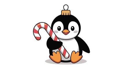 Cute Penguin with Candy Cane: A charming cartoon penguin, adorned with an ornamental top, joyfully holds a delightful candy cane, exuding holiday cheer and whimsical delight.
