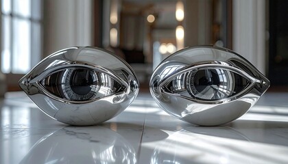 Two Polished Chrome Eye Sculptures on Marble Floor