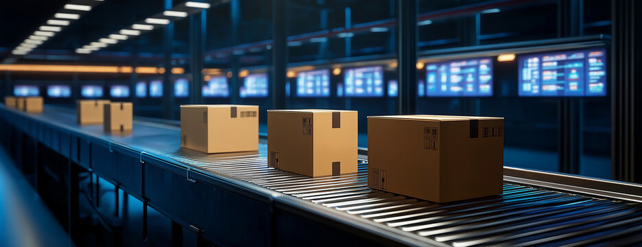 a conveyor belt with cardboard boxes on it, illuminated by bright lights and digital screens displaying data. the background is dark blue, creating an atmosphere of modern technology in the warehouse  - Powered by Adobe