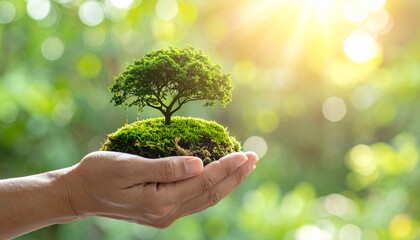 Hand Holding Small Green Tree Growing on Moss in Sunlight