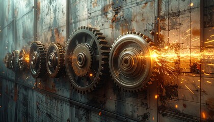 Row of Industrial Gears with Sparks and Light Beam