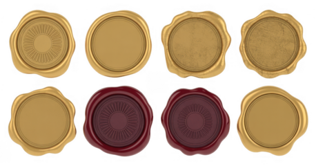 Golden and burgundy wax seals isolated on a transparent background