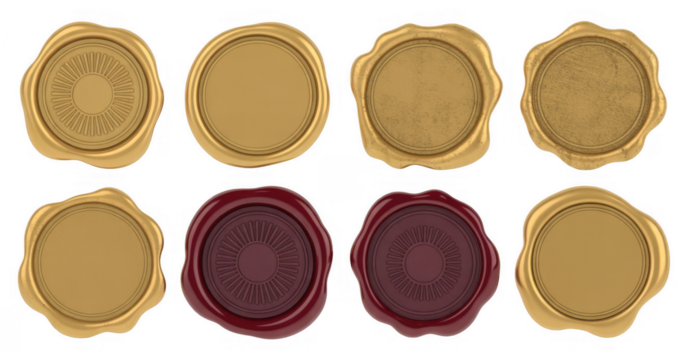 Golden and burgundy wax seals isolated on a transparent background