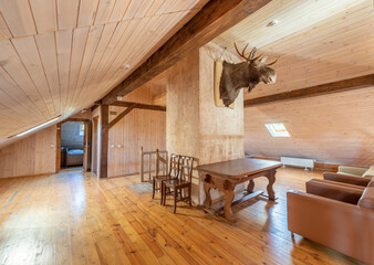 Rustic Attic Living Space Interior with Wooden Interiors and Mounted Moose Decoration