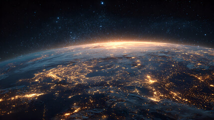 Obraz premium Earth at night viewed from space, showing glowing city lights and stars. 