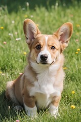 Brown Pembroke Welsh Corgi puppy, with sweet puppy eyes portrait, spring grass