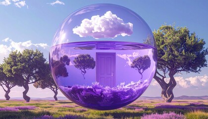 Surreal Floating Bubble with Lavender Field and Door Inside