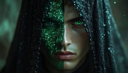 Man's Face with Green Glitter and Hooded Veil