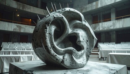 Abstract Concrete Ear Sculpture with Spikes in Abandoned Hall