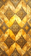 A vertically oriented close-up showcases an ornate patterned surface composed of interlocking shapes and detailed embellishments. The color palette blends gold, brown, and yellow