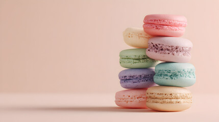 Colorful Macarons Stacked Elegantly on a Soft Pink Background for Gourmet Dessert Decor and Culinary Inspiration in Food Photography