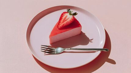 Delicious strawberry mousse cake slice on a pink plate with a shiny fork, showcasing vibrant colors and indulgent dessert appeal in soft pastel setting.