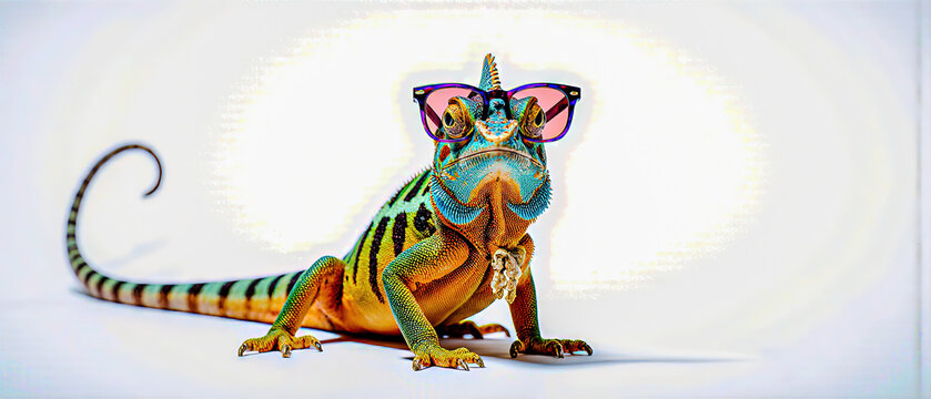 Colorful chameleon lizard with sunglasses isolated on white background	