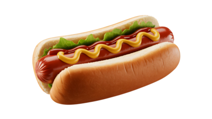 Delicious hotdog with mustard and ketchup on a bun against on transparent background