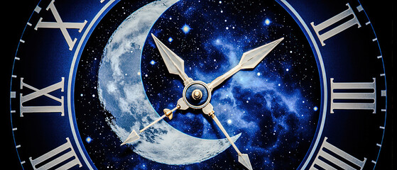 Surreal moon clock face with hands ticking backwards, cosmic and mysterious.	