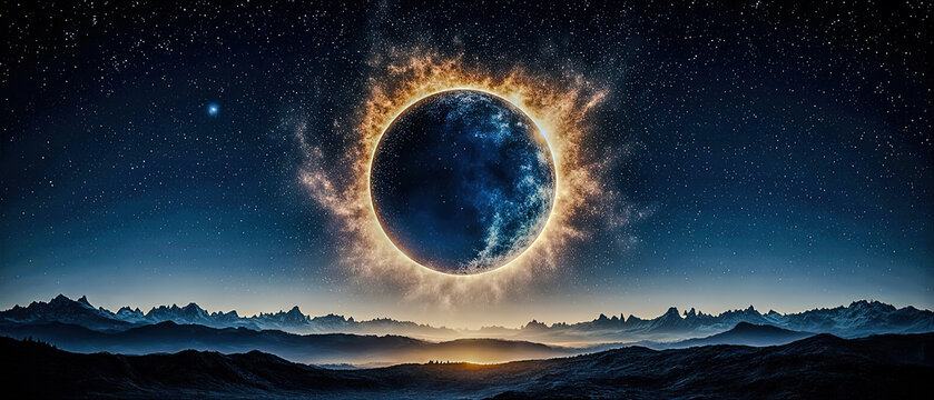 A mysterious eclipse glows in a starry, golden sky, casting shimmering light on silhouetted mountains in a dreamlike cosmic landscape.	