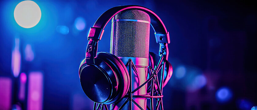 Neon cyan and magenta lights shine on a podcasting microphone and headphones, set on a black stand in a professional sound recording studio.
