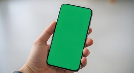 Holding modern smartphone with vibrant green screen for creative use