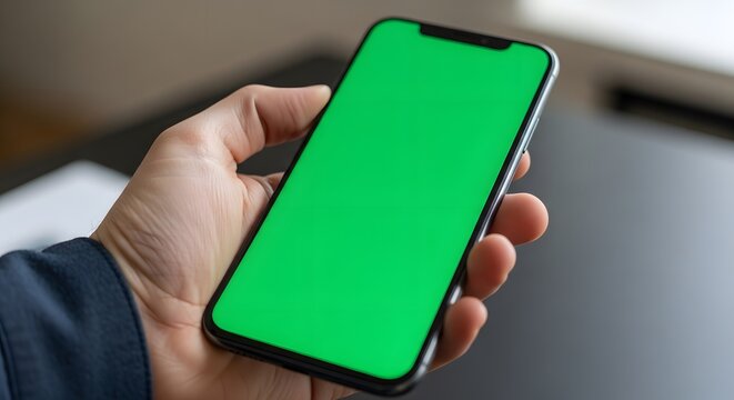Person holding modern smartphone with vibrant green screen for creative use