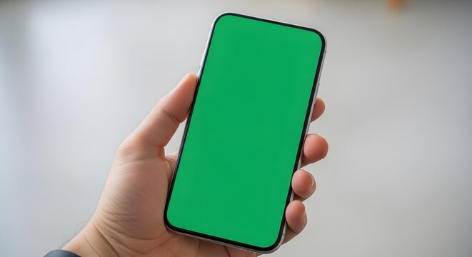 Holding modern smartphone with vibrant green screen for creative use - Powered by Adobe