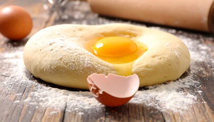 Close-up of dough with a single egg yolk at the center, surrounded by flour on a wooden surface, with eggs and a rolling pin