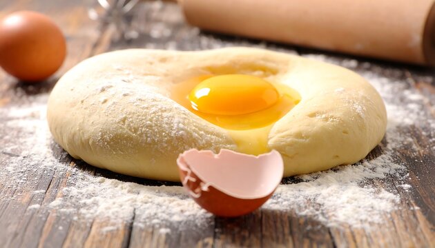 Close-up of dough with a single egg yolk at the center, surrounded by flour on a wooden surface, with eggs and a rolling pin