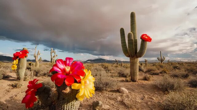 Desert landscape with blooming cacti under a cloudy sky