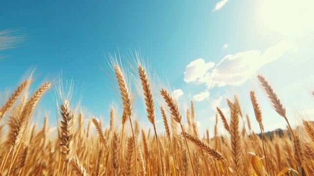Low-angle video of golden wheat fields under a bright blue sky with fluffy clouds, capturing the essence of a sunny, rural landscape. Live desktop wallpaper.