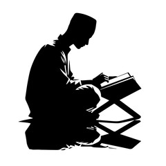 Muslim Reading Quran Silhouette Vector Illustration Black and White, Islamic People Sitting and Reading Holy Book, Man and Woman Worship, Religion and Faith Concept Line Art
