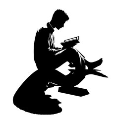 Muslim Reading Quran Silhouette Vector Illustration Black and White, Islamic People Sitting and Reading Holy Book, Man and Woman Worship, Religion and Faith Concept Line Art