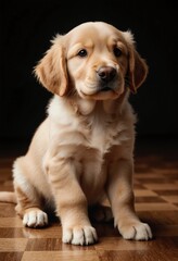 Cute golden retriever dog puppy on parquet