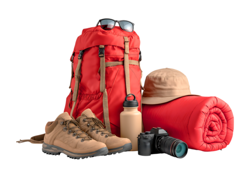 Hiking Essentials: Backpack, Boots, and Camera Ready for Adventure isolated on transparent background