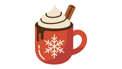 Cozy Cocoa: A charming, warm cup of cocoa, adorned with whipped cream, cinnamon, and a festive snowflake design on the mug, evoking a sense of warmth and festive joy.