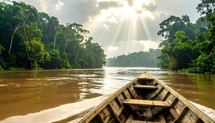 A scenic journey down a tranquil river through a dense tropical jungle, viewed from the bow of a traditional wooden canoe