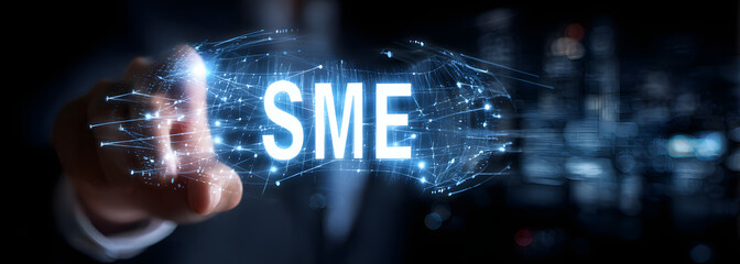 Business, technology, internet and network concept. Virtual screen of the future and sees the inscription: SME