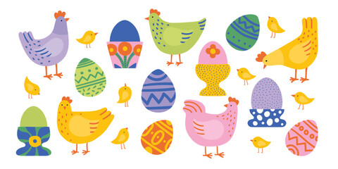 Naklejka premium Vector colored hens, chickens and hen, beautiful colored Easter eggs. Doodle illustration isolated on white background. Set of bright birds for Easter, decor, invitation, cards