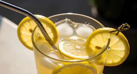 Homemade Lemon Water with Ice and Fresh Lemon on Table