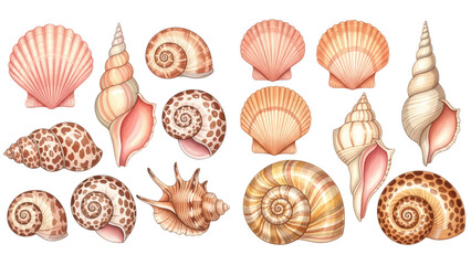 A beautiful collection of various hand-drawn seashells in pink, orange, and brown tones on a transparent background. © liana