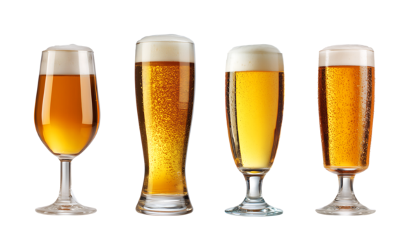 Four Varieties of Cold Golden Beer Glasses isolated on transparent background