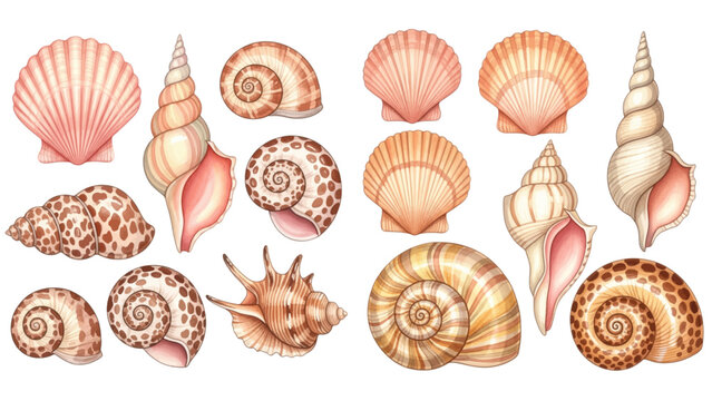 A beautiful collection of various hand-drawn seashells in pink, orange, and brown tones on a transparent background.