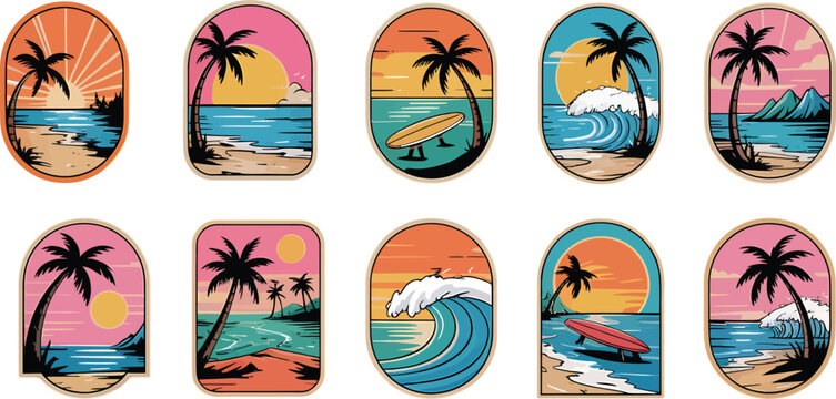Vintage tropical beach scene badges with surfing vibes, A colorful collection of retro-style tropical beach illustrations featuring sunsets, palm trees, ocean waves, and surfboards in badge format.

