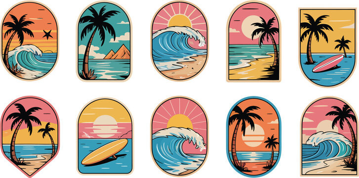 Vintage-style beach and surf scene illustrations with sunsets, waves, and palm trees in colorful retro badge frames for summer designs. Retro beach badge collection with waves and palm trees


