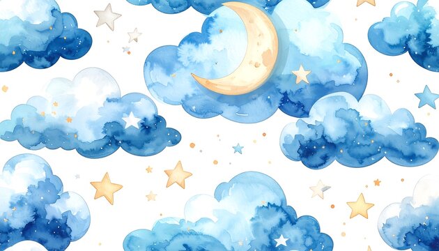 Watercolor seamless pattern with blue clouds, moon, and stars on a white background, perfect for baby showers or nursery decor.